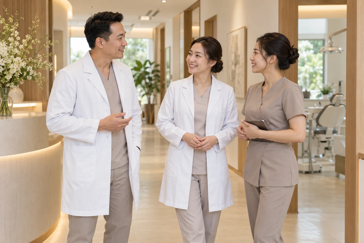 Đội ngũ bác sĩ và nhân viên trao đổi trong hành lang phòng khám nha khoa Maison Dental (ảnh minh họa)