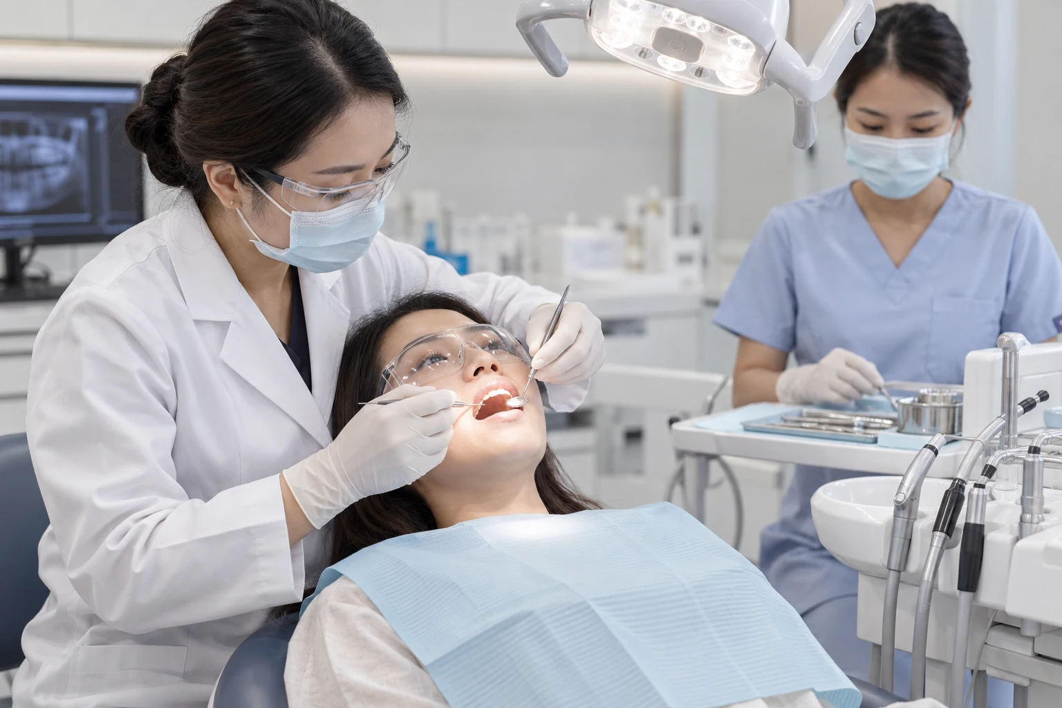 Bác sĩ kiểm tra răng cho khách hàng cùng trợ thủ tại phòng khám nha khoa Maison Dental