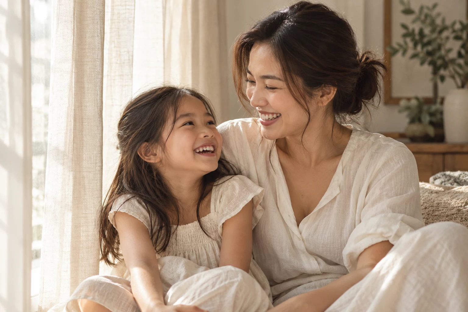 Mẹ và con gái cười rạng rỡ bên nhau, gợi niềm tin gia đình dành cho nha khoa Maison Dental