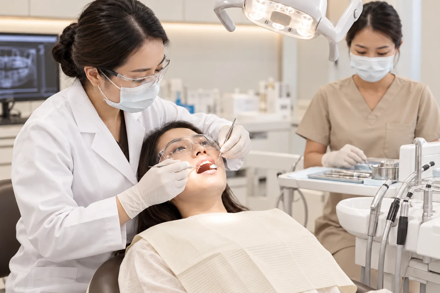 Bác sĩ thăm khám răng cho khách hàng cùng trợ thủ tại phòng khám nha khoa Maison Dental