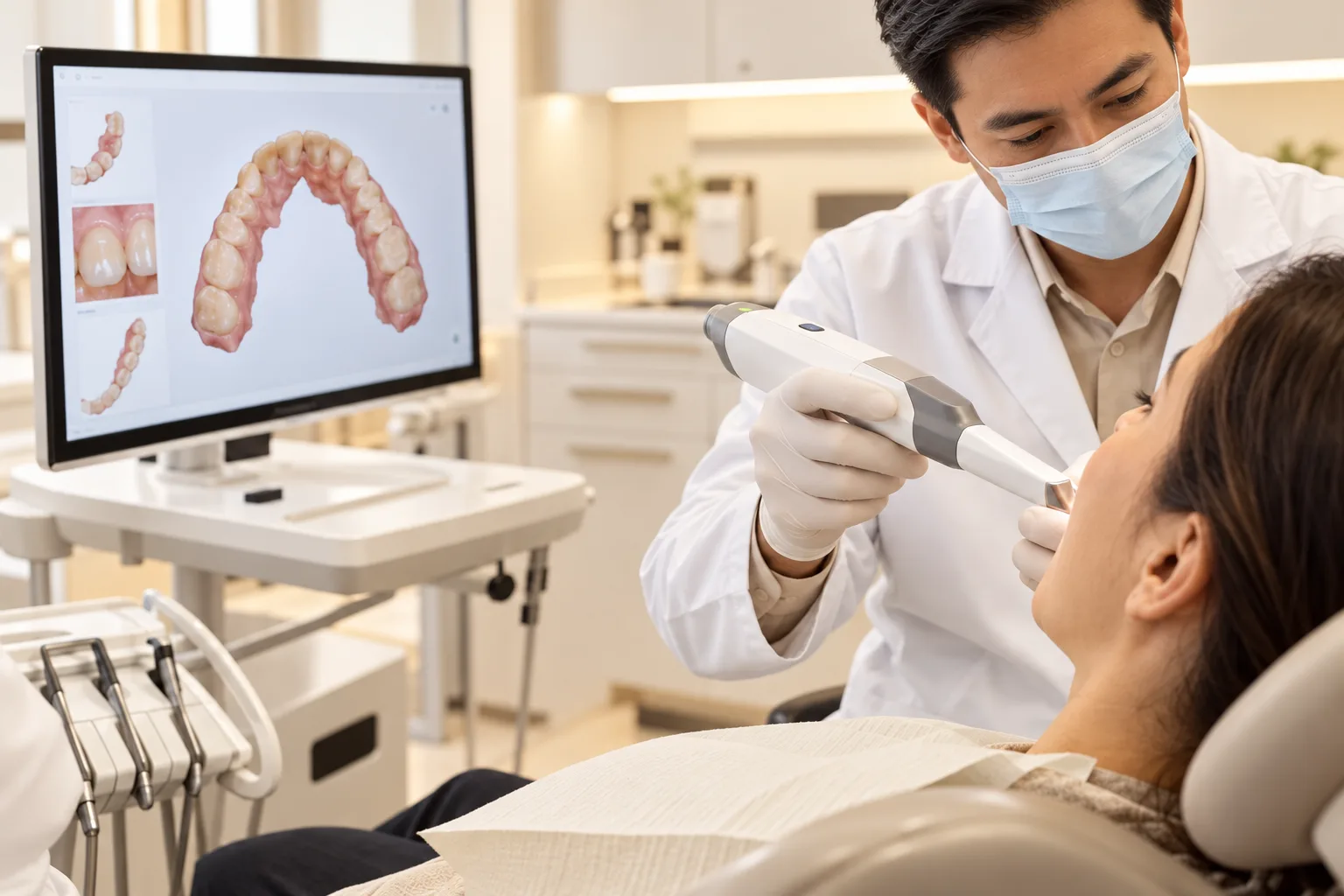 Bác sĩ quét răng kỹ thuật số và trao đổi cùng người bệnh tại phòng khám nha khoa Maison Dental