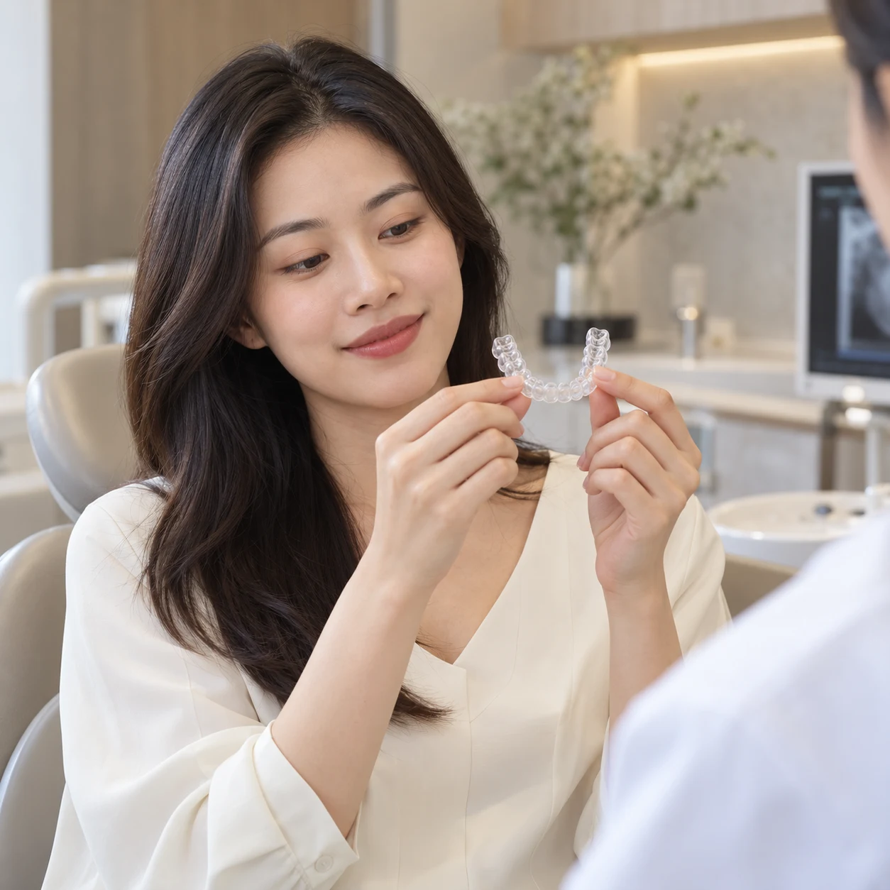 Khách hàng cầm khay nắn chỉnh răng trong suốt tại phòng khám nha khoa Maison Dental