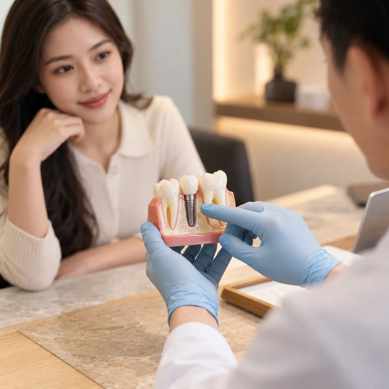 Bác sĩ dùng mô hình giải thích điều trị Implant cho khách hàng tại phòng khám nha khoa Maison Dental