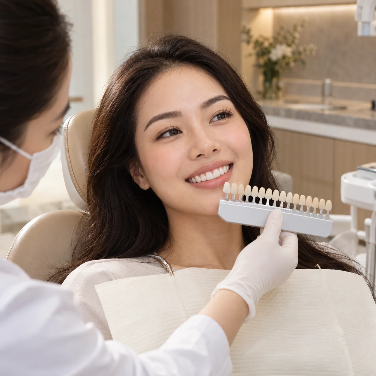 Bác sĩ so màu răng sứ thẩm mỹ cho khách hàng đang mỉm cười tại phòng khám nha khoa Maison Dental