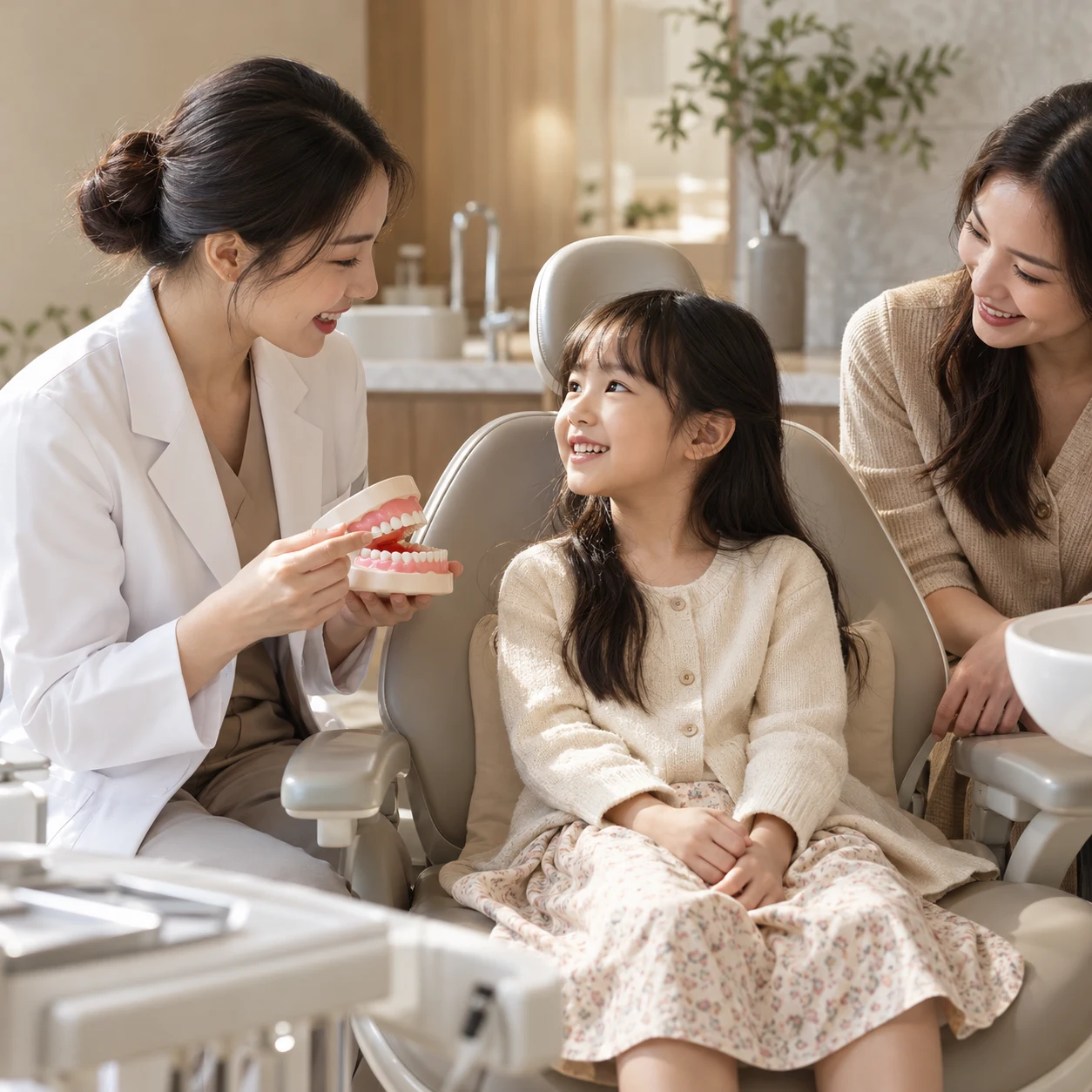 Bác sĩ dùng mô hình hàm răng trò chuyện cùng bé gái và mẹ tại phòng khám nha khoa Maison Dental