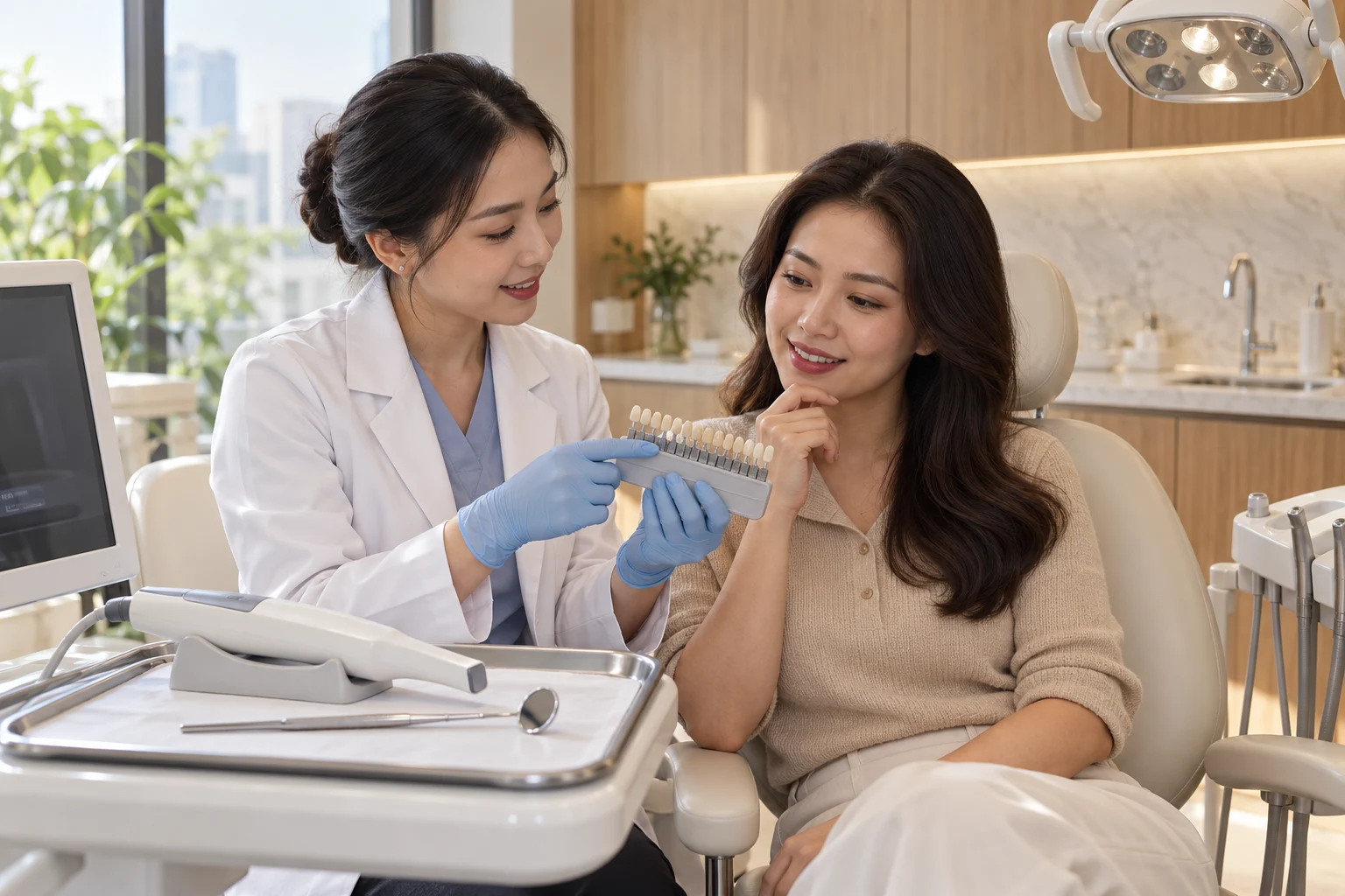 Bác sĩ dùng bảng so màu răng trao đổi với khách hàng tại phòng khám nha khoa Maison Dental