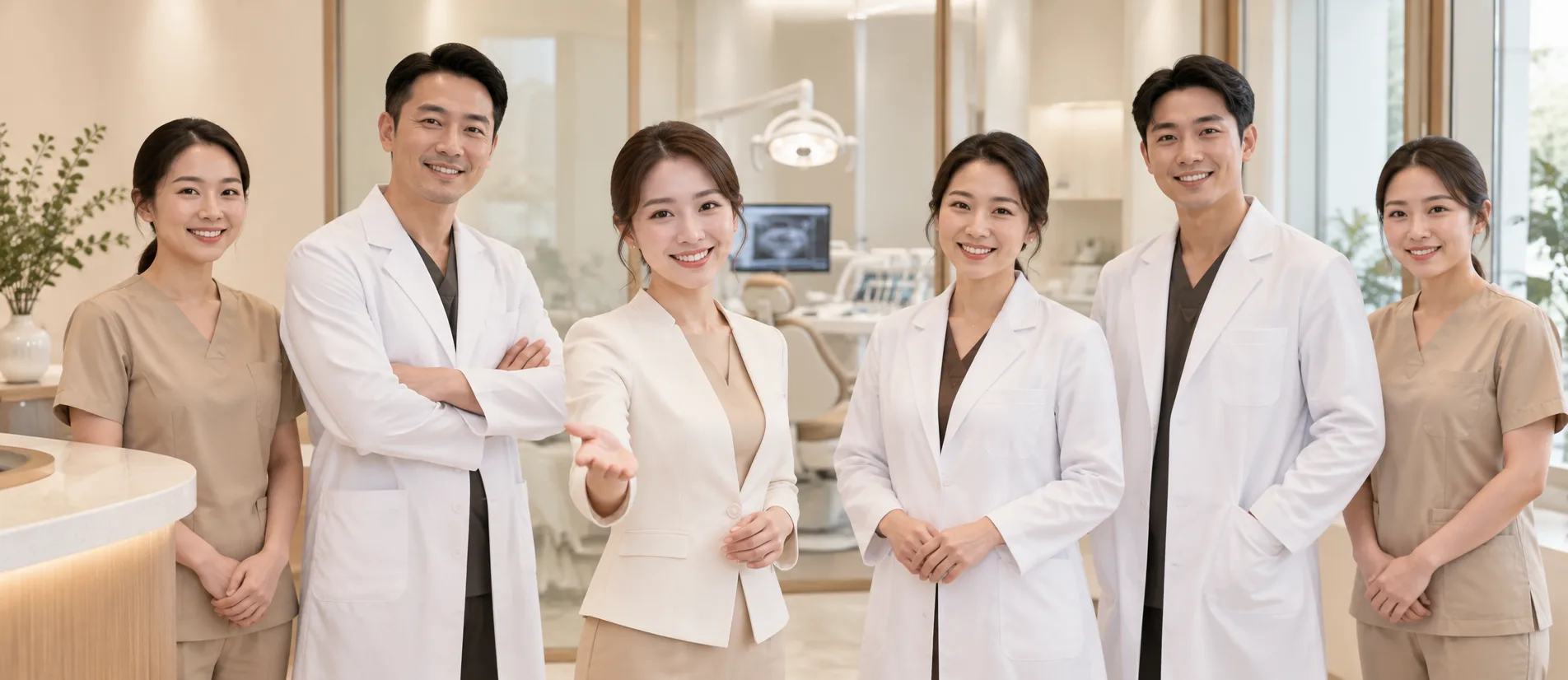 Đội ngũ bác sĩ và nhân viên chăm sóc tại sảnh phòng khám nha khoa Maison Dental