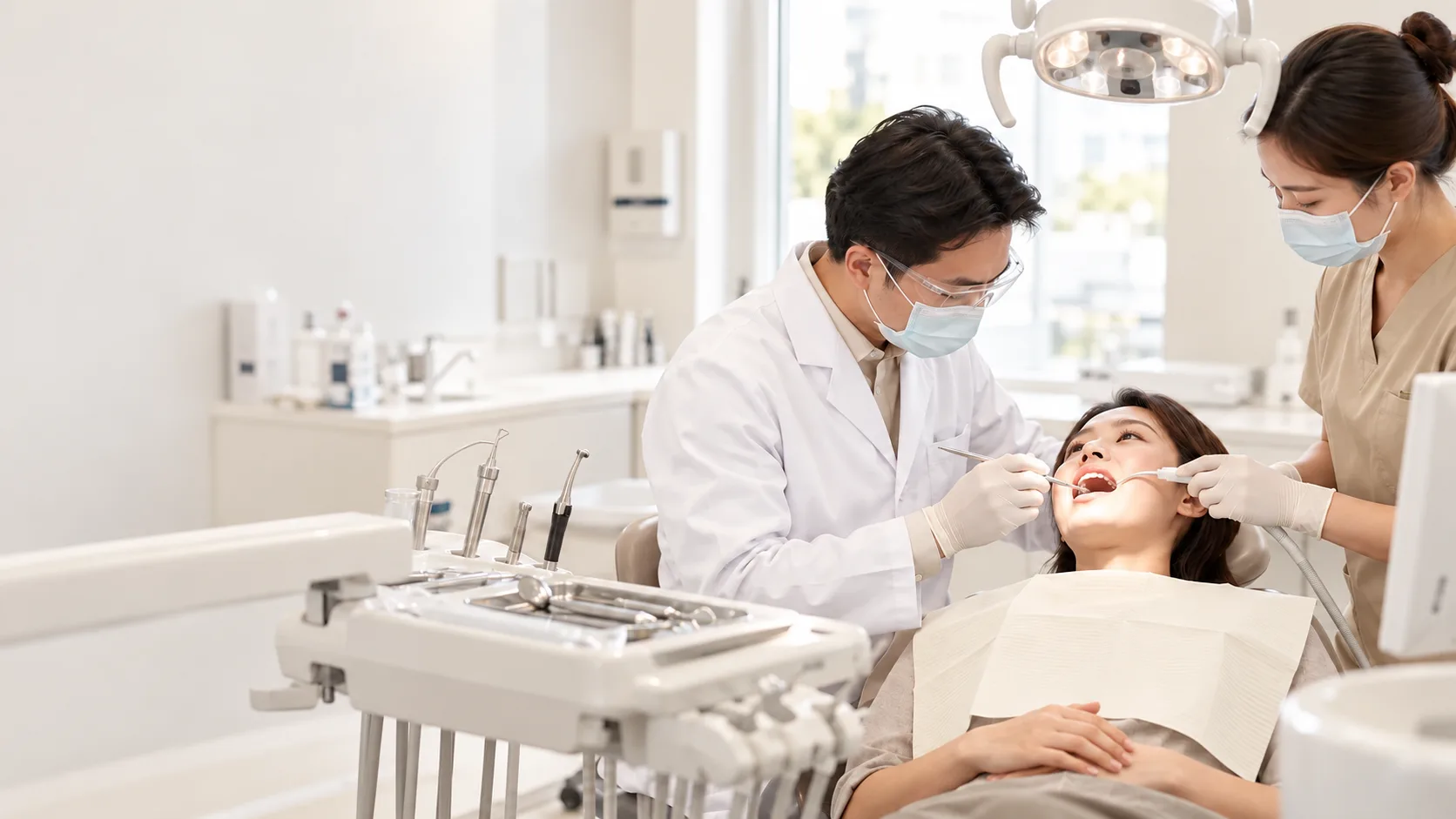 Bác sĩ và trợ thủ chăm sóc răng cho khách hàng trong phòng điều trị ngập nắng tại Maison Dental